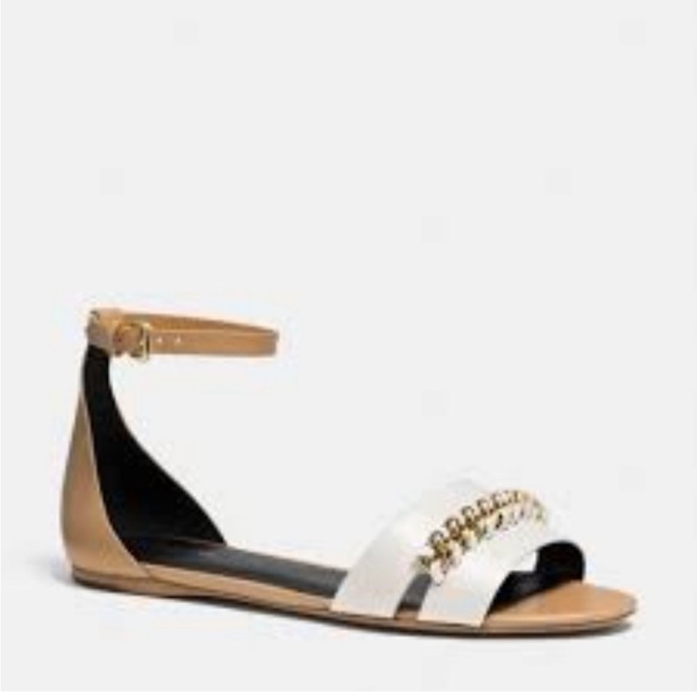 Coach Seabreeze Women Ankle Tie Perp Toe Gold Chain Flat Sandals Size 10